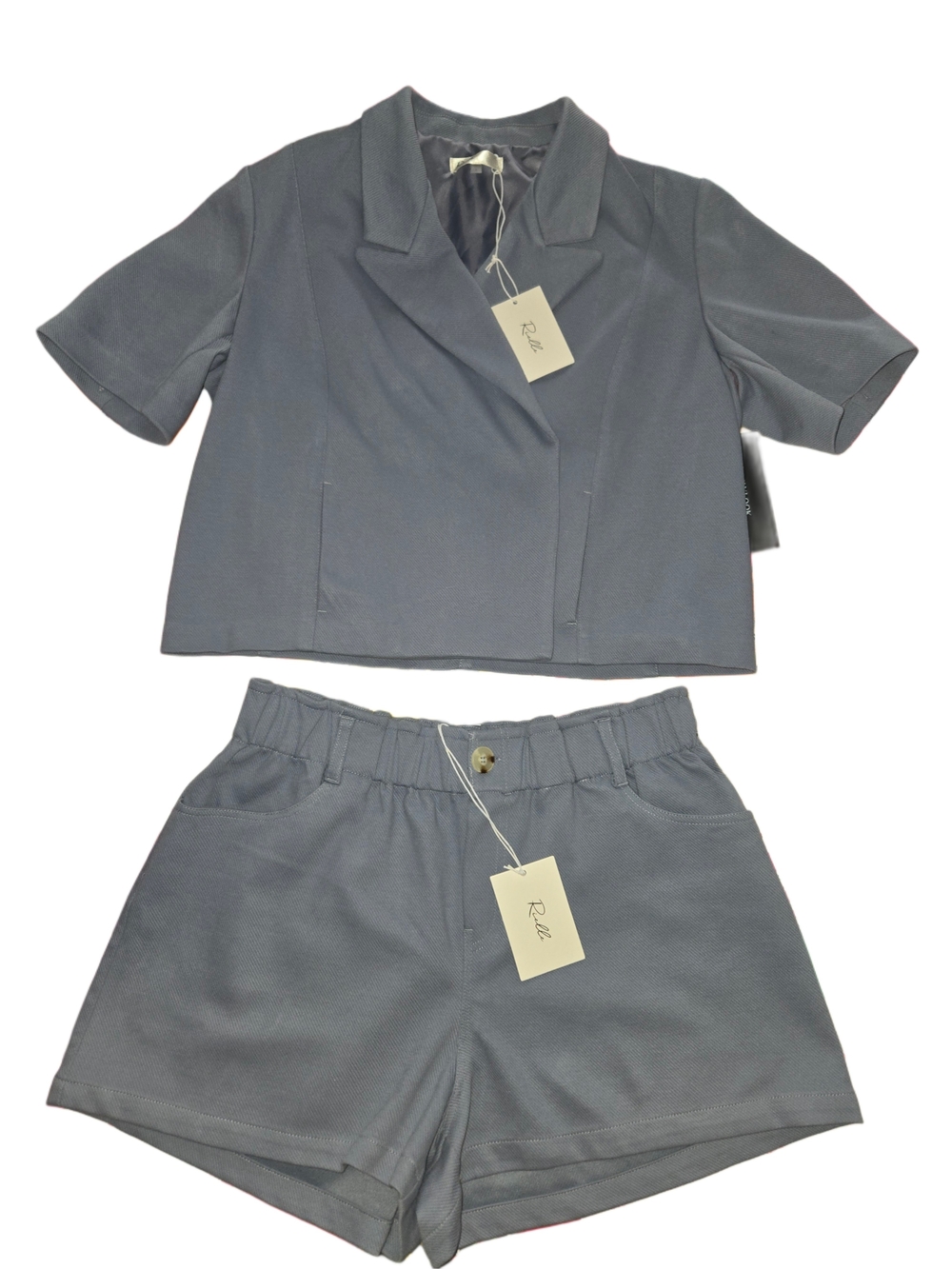 Rielle High-Waist Blue Gray Short Set - Cropped Jacket & Shorts